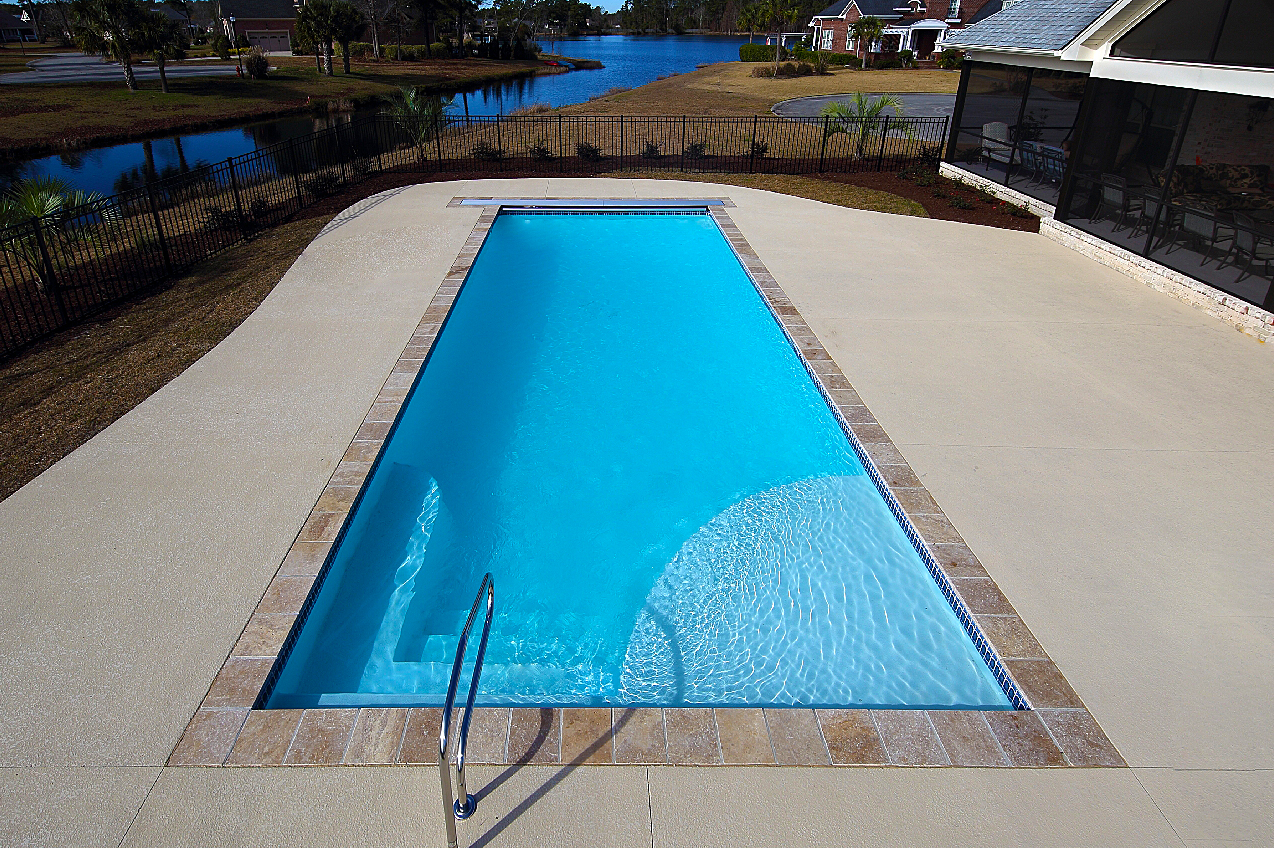 The Great Lakes is an elegant, rectangle fiberglass swimming pool. It includes a wide tanning edge, corner entry steps and a 6' 4" deep end. You can enjoy some sun bathing and lap swimming in this elegant pool shape!