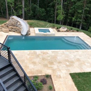 The Lido is a square fiberglass spa with a wrap-around bench seating & flat bottom layout. It's a perfect addition to any of our fiberglass swimming pools!