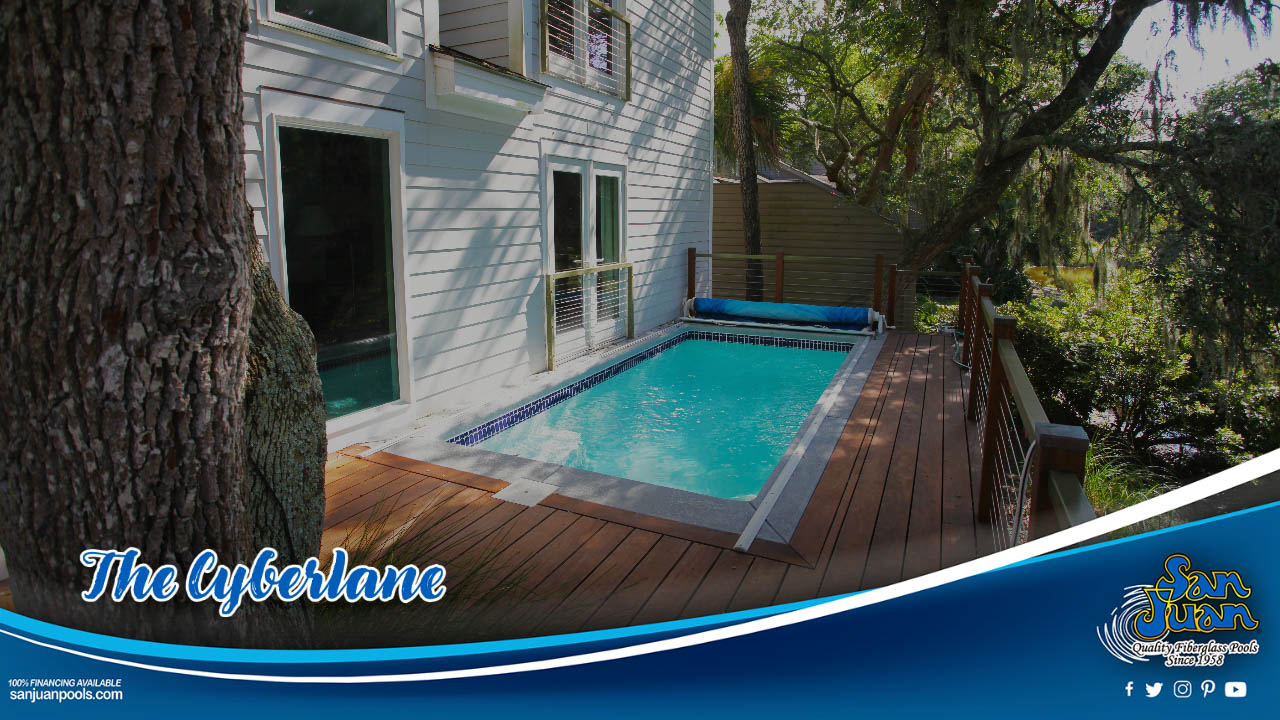 The Cyberlane is a petite fiberglass swimming pool with a modern rectangular design.