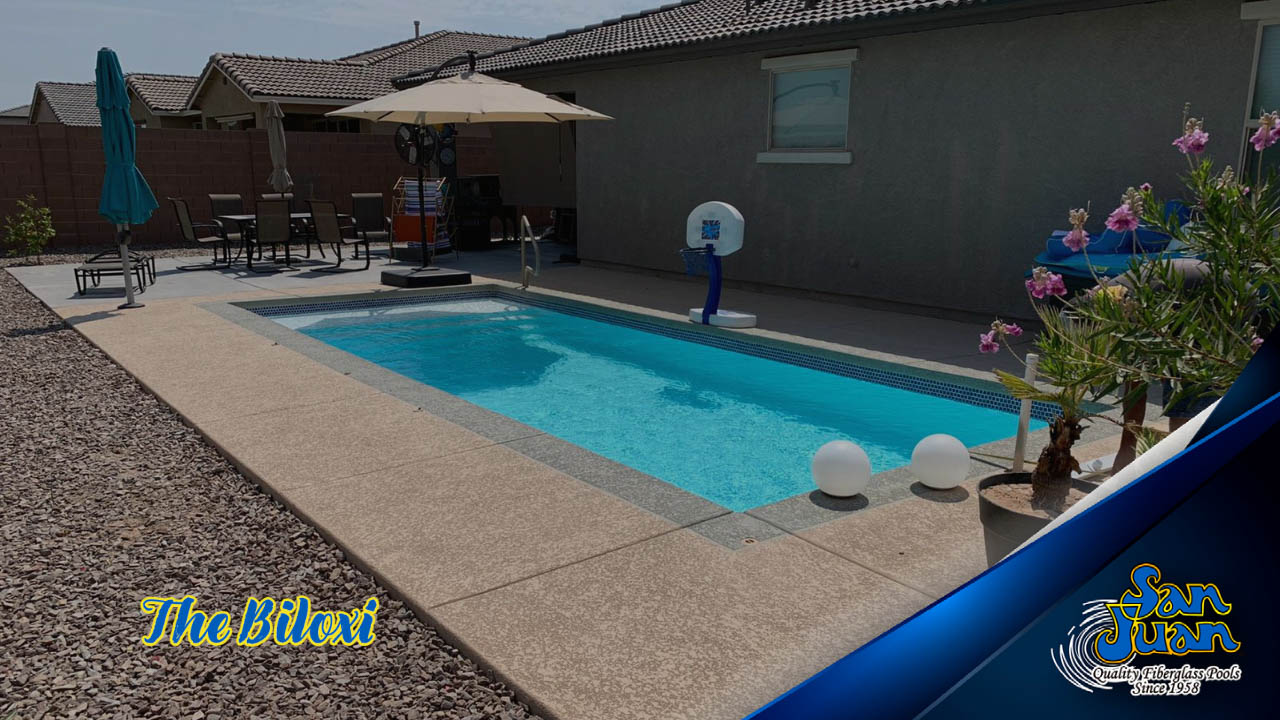 The Biloxi is a fiberglass swimming pool that we designed to appeal to clients with modern design tastes