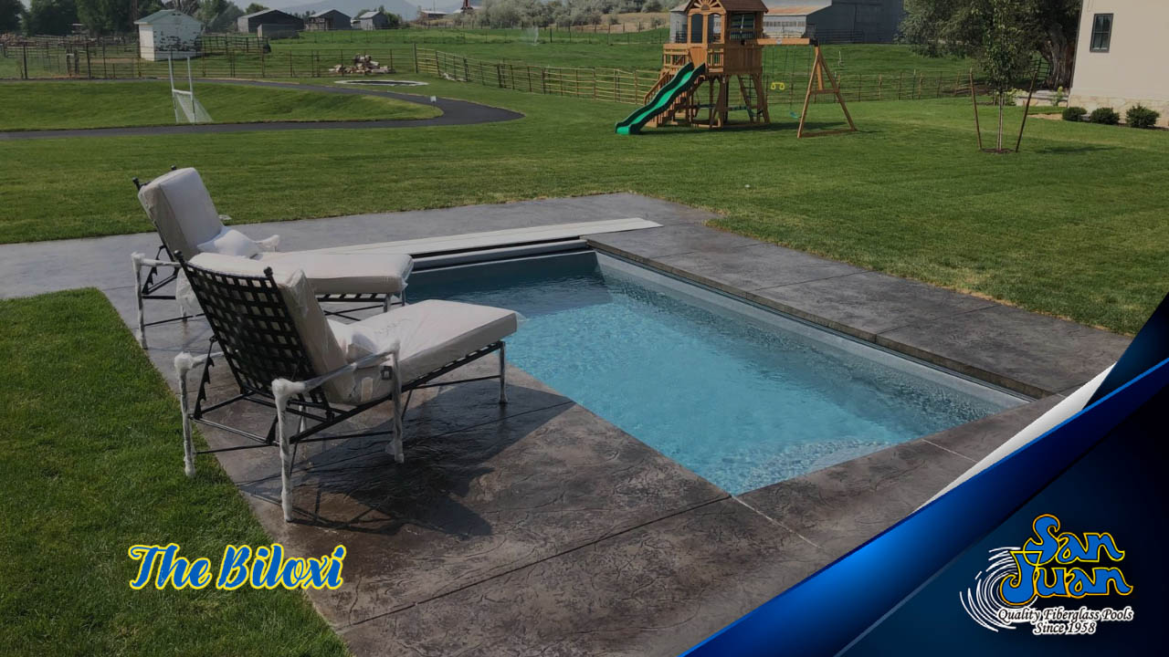 The Biloxi is a fiberglass swimming pool that we designed to appeal to clients with modern design tastes