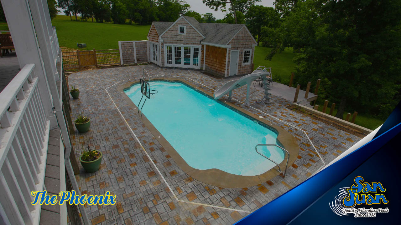 The Phoenix is a fiberglass swimming pool with a modern touch.
