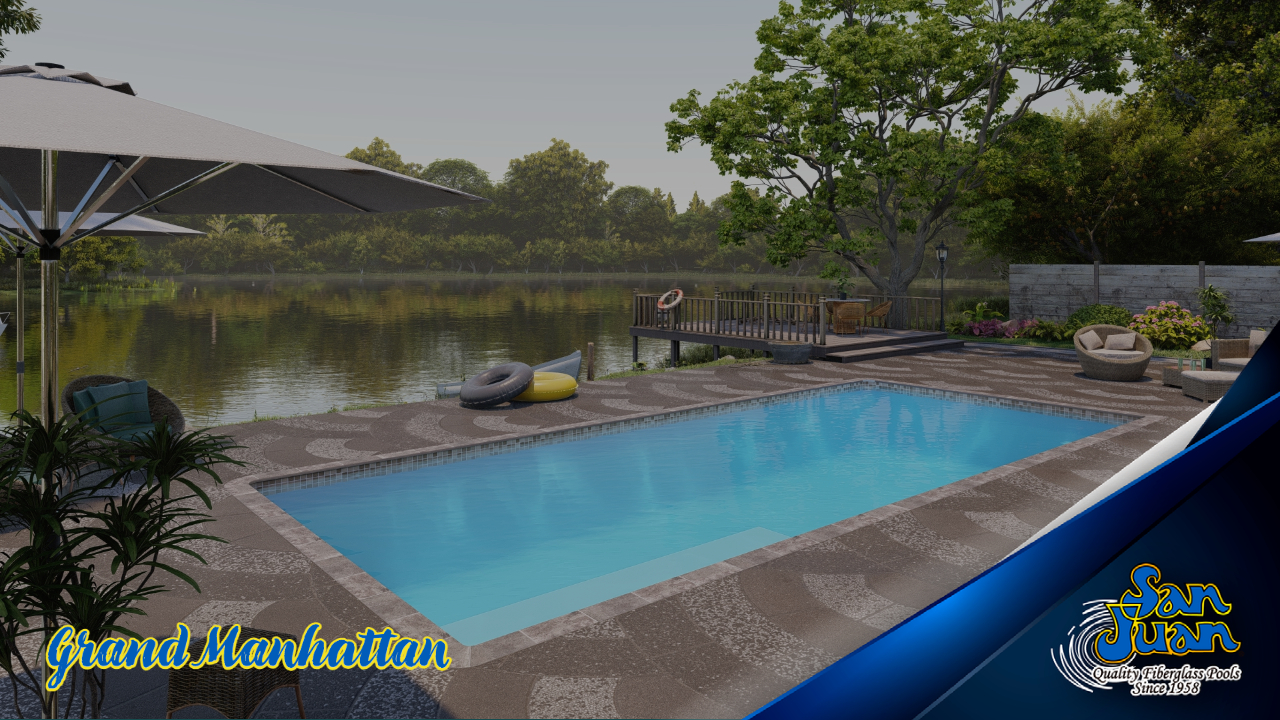 The Grand Manhattan is a beautiful rectangle pool with a very convenient elongated bench seat!