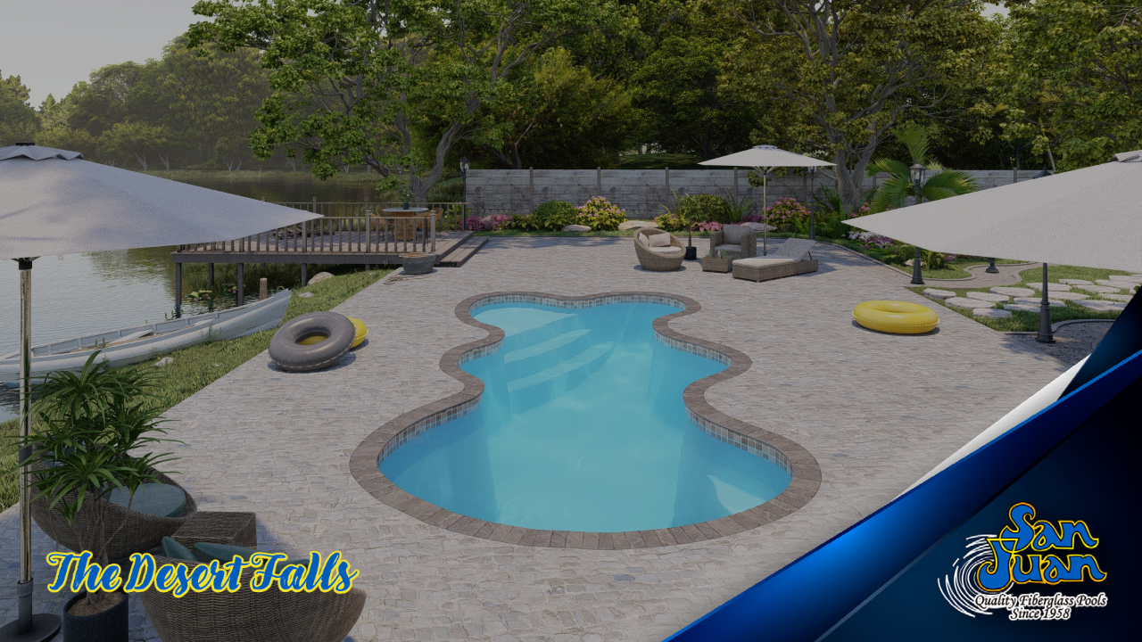 The Desert Falls is a fun and lavish fiberglass swimming pool with a wild free form pool shape.